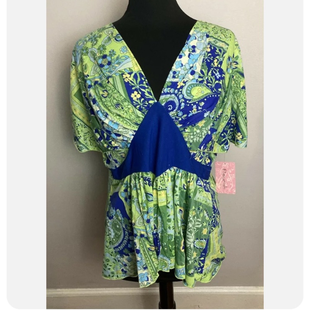 7-4 Fleurish blouse top shirt green blue flutter sleeve 3x 2x floral NWT
